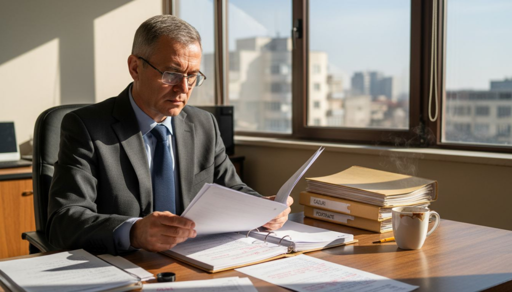 Un bărbat analizează atent un contract juridic legat de dreptul familiei.