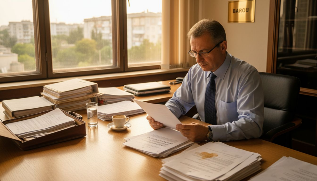 Un avocat analizează cu atenție mandatul de percheziție pentru a se asigura că toate procedurile legale sunt respectate.