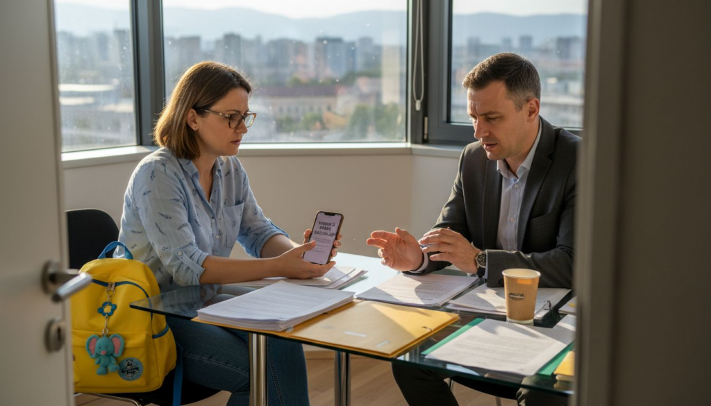 Un părinte discută cu un avocat, la biroul acestuia din oraș, despre o problemă juridică urgentă.