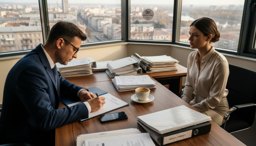 Într-un birou plin de lumină, un avocat stă de vorbă cu o persoană care a trecut printr-o experiență dificilă, oferindu-i sprijin și consultanță juridică.
