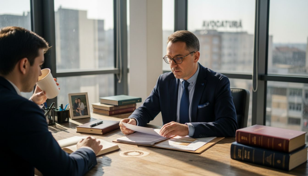 Avocatul discută și analizează împreună cu clientul clauzele unui contract, într-un birou de specialitate.