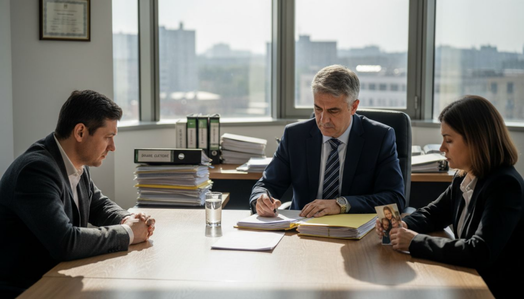 Avocat care oferă consultanță părinților divorțați în cadrul unei întâlniri la birou