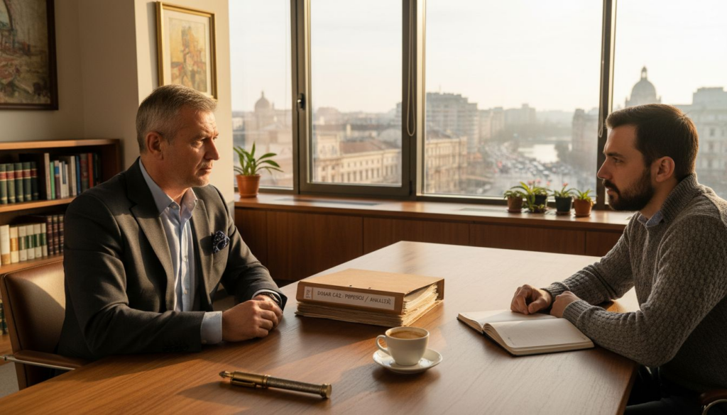Discuție între avocat și client, într-un cabinet de avocatură