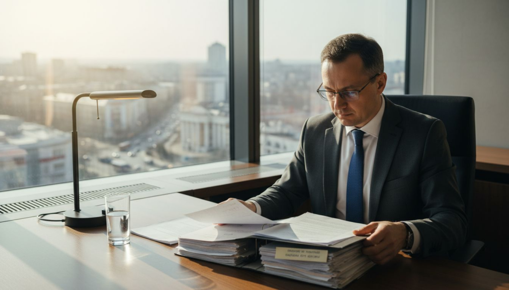 Un avocat specializat în drept penal studiază cu atenție un dosar la biroul său din Chișinău.