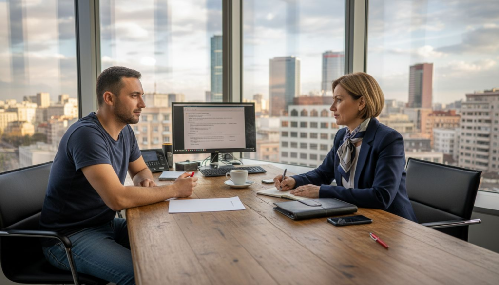 Discuție între avocat și client despre pașii de urmat în procesul de divorț