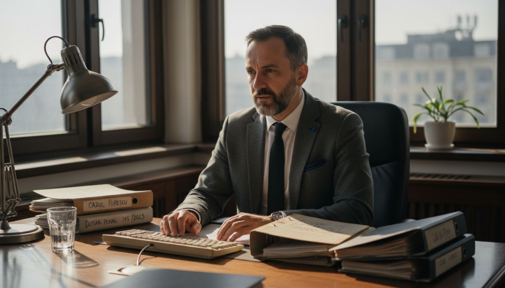 Un avocat specializat în drept penal analizând atent dosarele la birou, pregătindu-se pentru următoarea etapă a procesului.