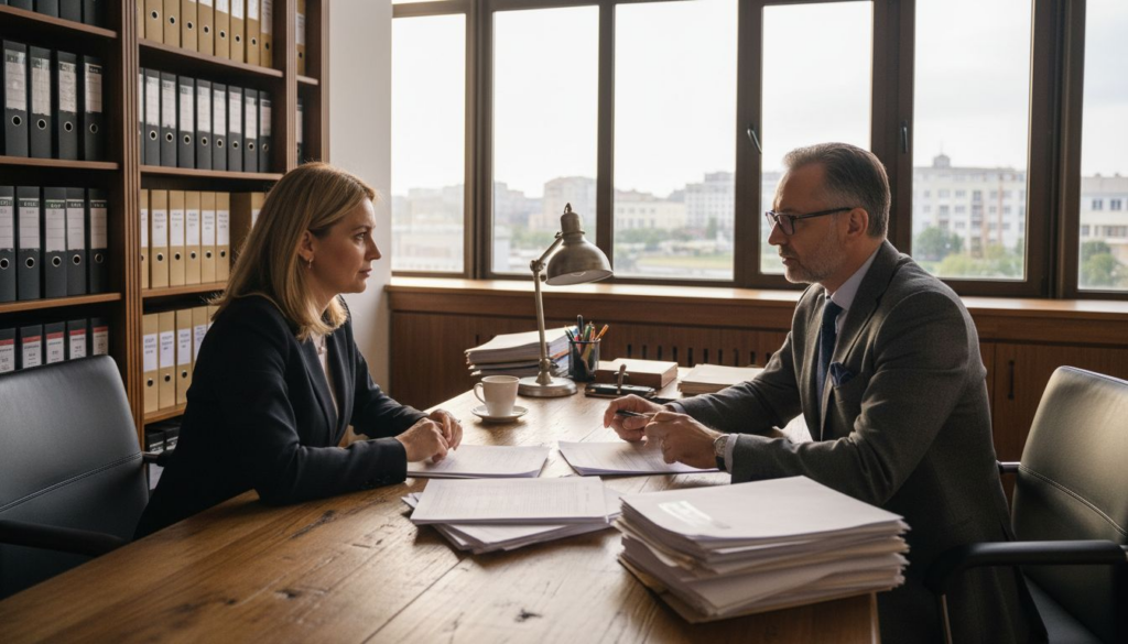 Un avocat poartă o discuție cu clientul său despre detaliile unor dosare juridice, chiar la birou.