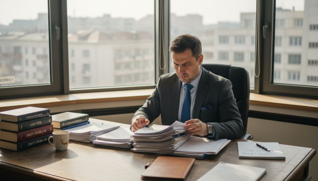 Avocatul verifică actele de proprietate pentru imobil.