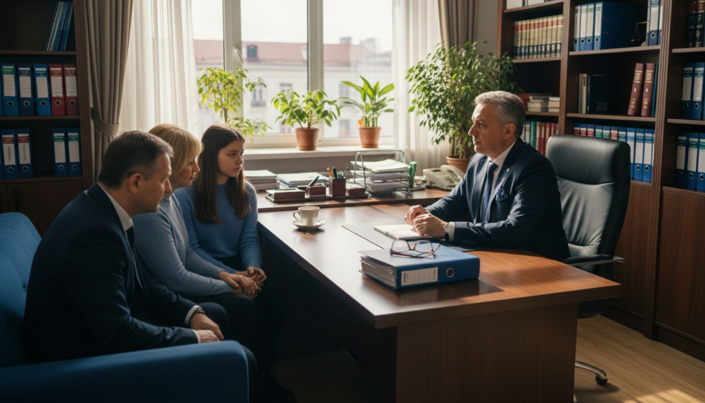 Avocatul oferă consultanță unei familii pe tema împărțirii moștenirii, într-un cadru profesional, la birou.