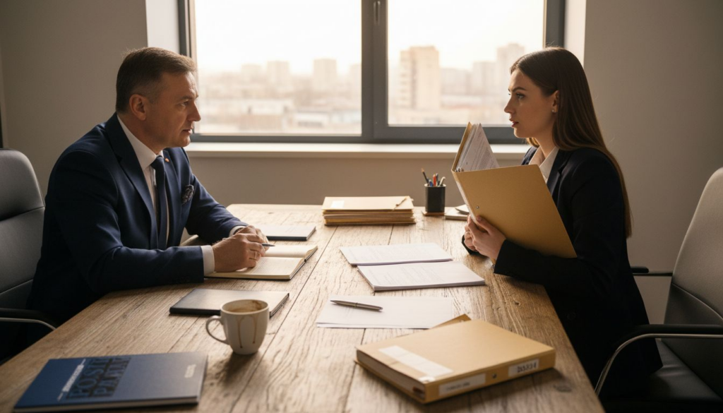 Un avocat poartă o discuție cu un client despre o problemă de familie, chiar în cabinetul său.