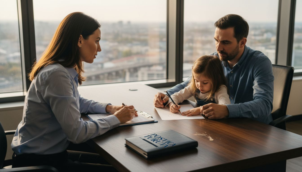Avocata poartă o discuție cu părinții și copilul lor, oferindu-le sfaturi și răspunzând la întrebările pe care le au.