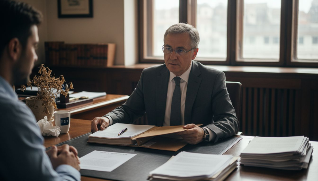 Avocatul analizează împreună cu clientul actele legate de custodie.