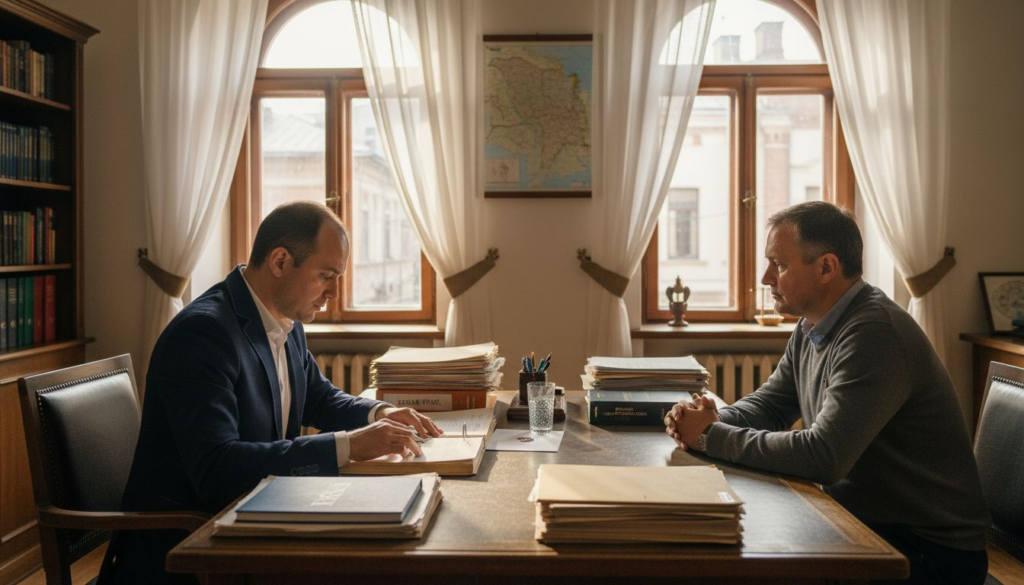 Avocatul discută cu un client în biroul său din Moldova.