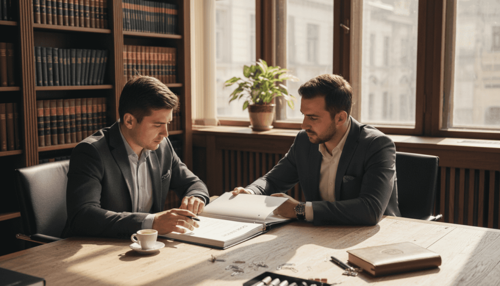 Avocatul discută cu clientul său în biroul de avocatură, oferindu-i consultanță juridică și răspunsuri la întrebările legate de cazul acestuia.