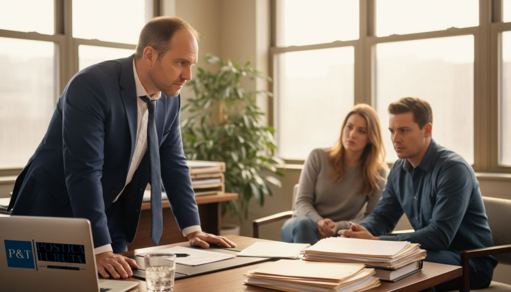 Întâlnire de consultanță la avocat, pentru un cuplu care dorește să discute detaliile unui posibil divorț.