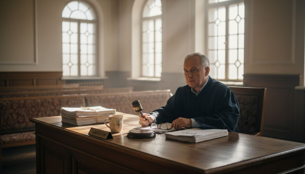 Un judecător din Republica Moldova analizează dosarele într-o sală de judecată.