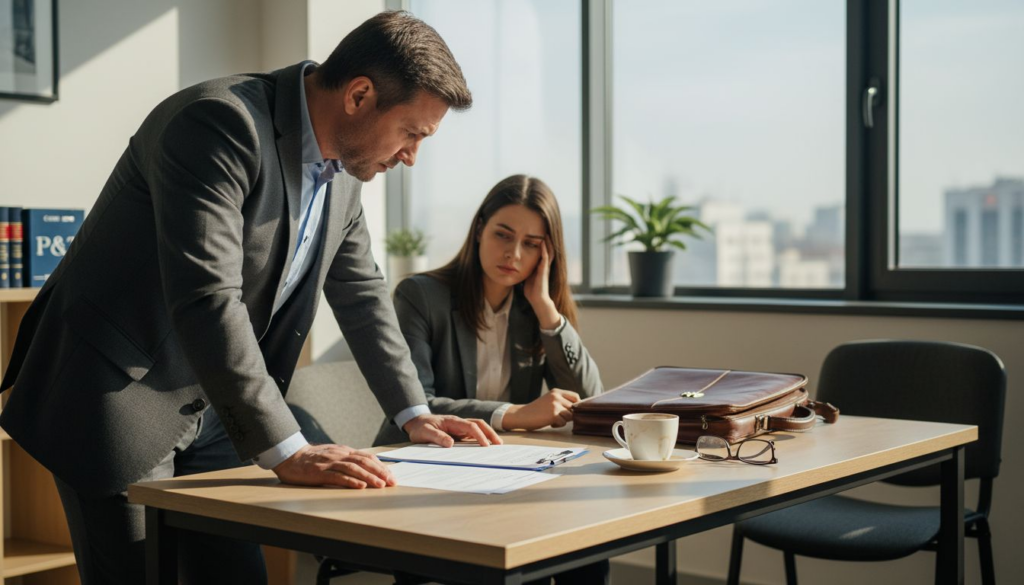 Avocatul poartă o discuție cu clientul său la birou, explicând detaliile legate de reținere.