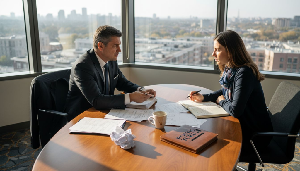 Avocat analizând un caz de litigiu imobiliar împreună cu clientul, în propriul birou