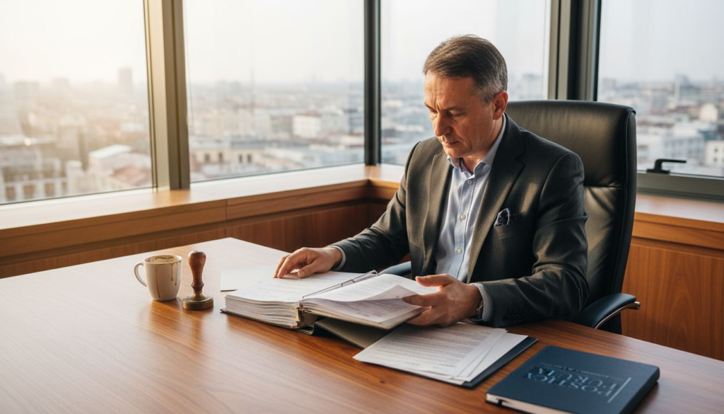 Notarul analizează documentele la biroul agenției imobiliare pentru a se asigura că totul este în regulă.