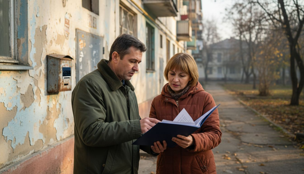 Doi oameni stau afară și poartă o discuție aprinsă despre o problemă legată de terenuri sau proprietate.