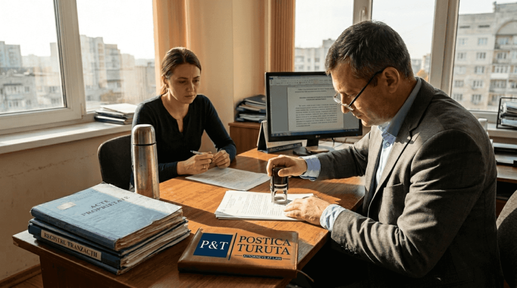 Un notar aplică ștampila pe acte, într-un birou luminat de soare.