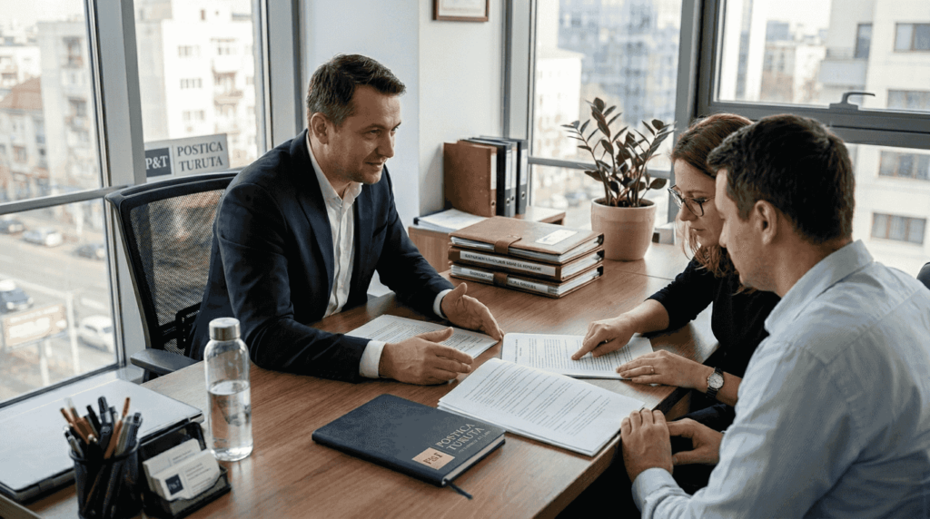 Un avocat poartă o discuție cu un cuplu în cabinetul său.