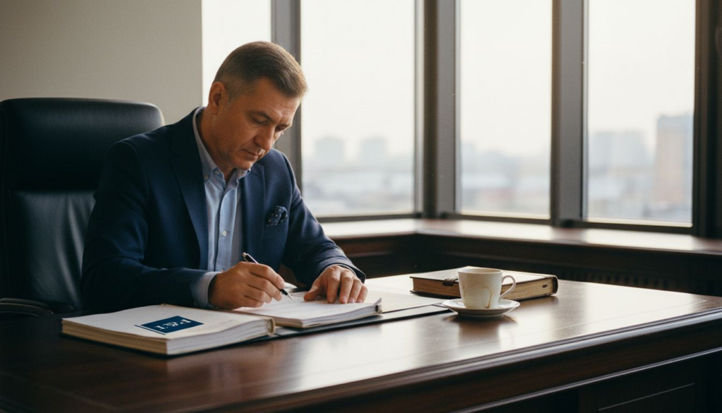 Un avocat analizează cu atenție un contract, la biroul său.