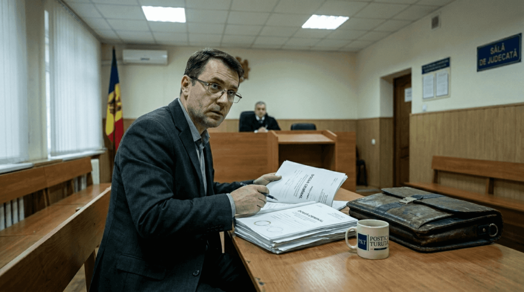 Un avocat din Republica Moldova răsfoiește atent dosarele pe care le are în sala de judecată.