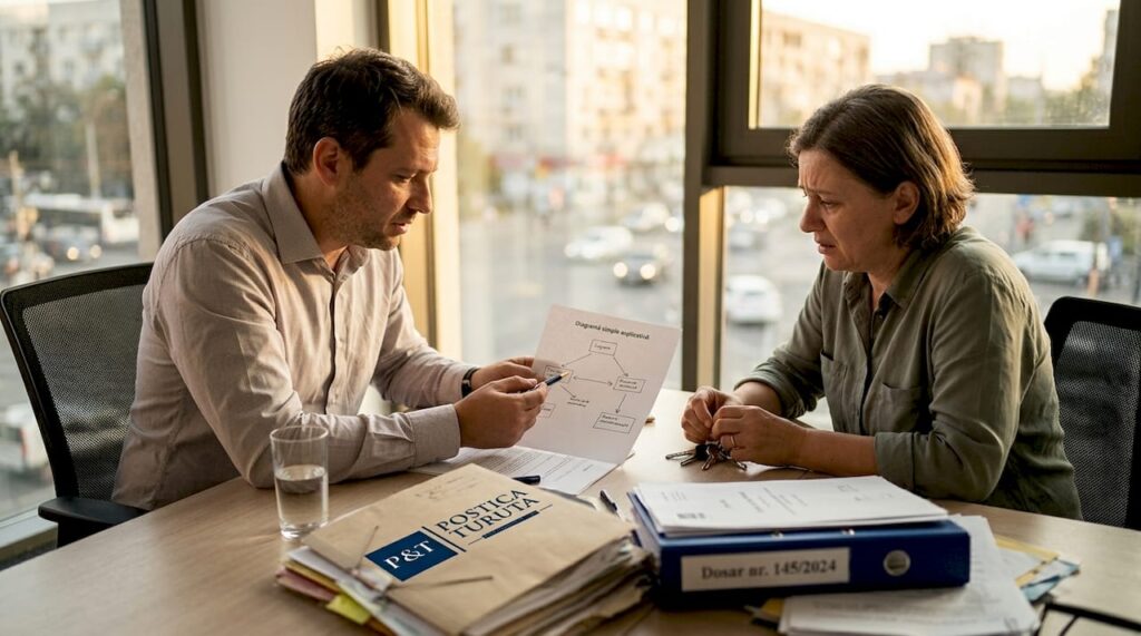 Discuție între avocat și client în cadrul unei întâlniri la cabinet