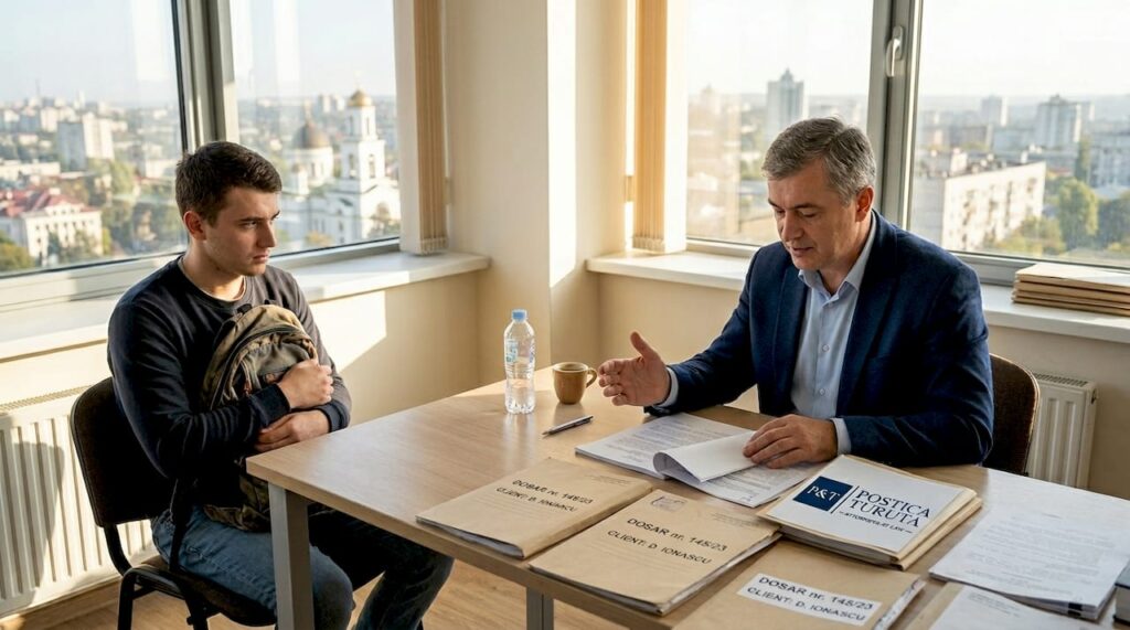 Avocat discutând cu un client în biroul său din Moldova