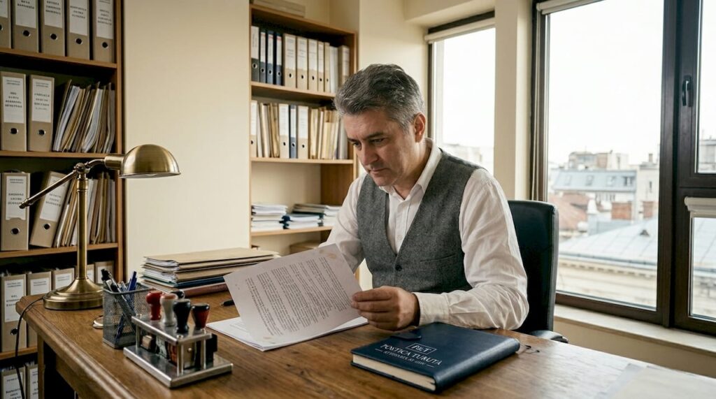 Notarul analizează actul înainte de a-l autentifica.