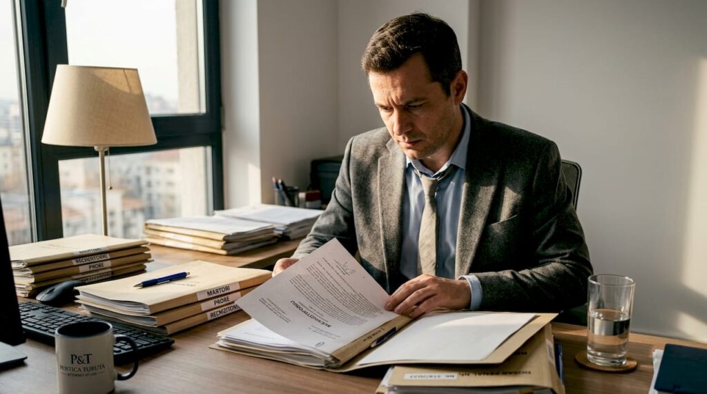 Avocat concentrat asupra studierii unui dosar penal la biroul său