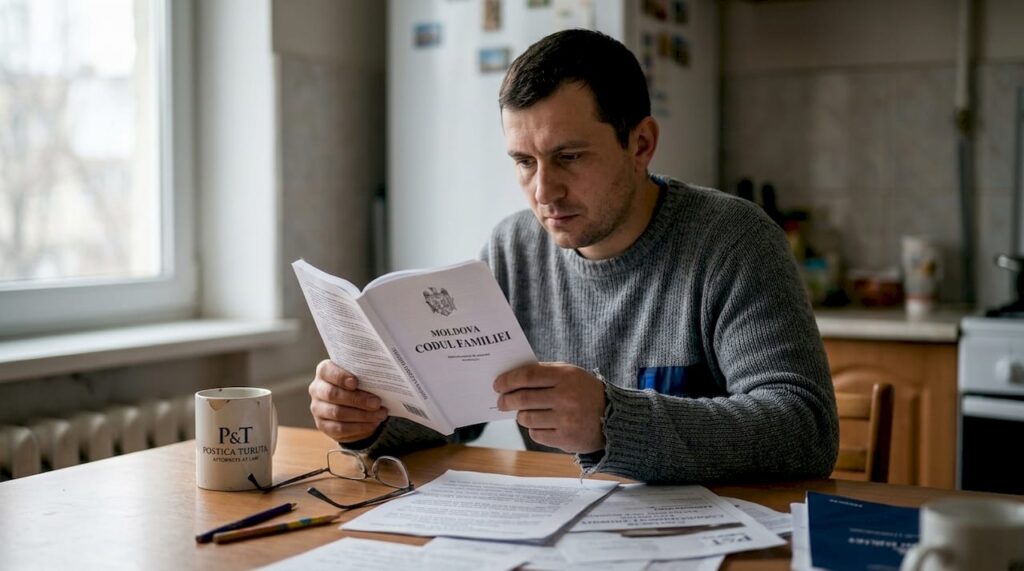 Un părinte stă la masa din bucătărie și citește atent niște acte oficiale.