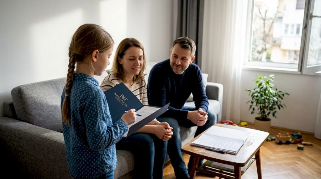 O familie stă pe canapea și poartă o discuție liniștită cu copilul lor, acasă.