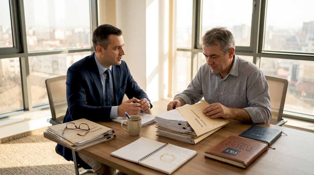 Consultanță juridică: avocatul discută cu clientul detaliile unor documente imobiliare
