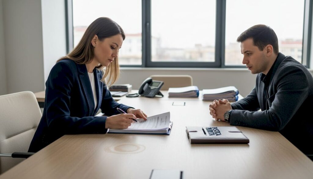 Avocatul discută cu clientul detaliile dosarului de apel, analizând împreună documentele și strategia pentru a pregăti cât mai bine cazul.