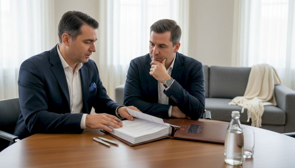 Avocatul își sfătuiește clientul în sala de judecată, pregătindu-l pentru proces.