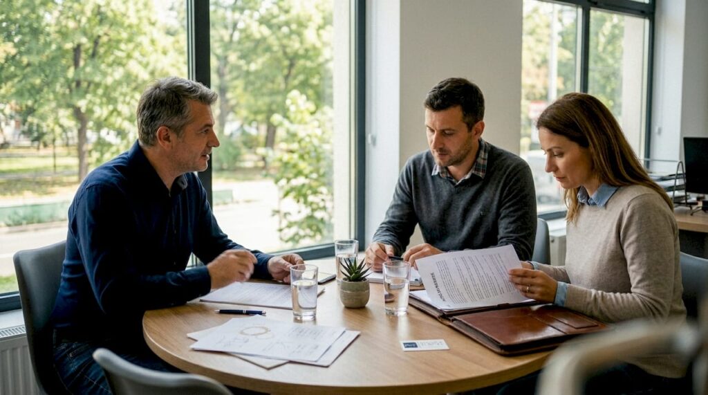 Mediatorul poartă o discuție cu un cuplu, așezați împreună la birou.