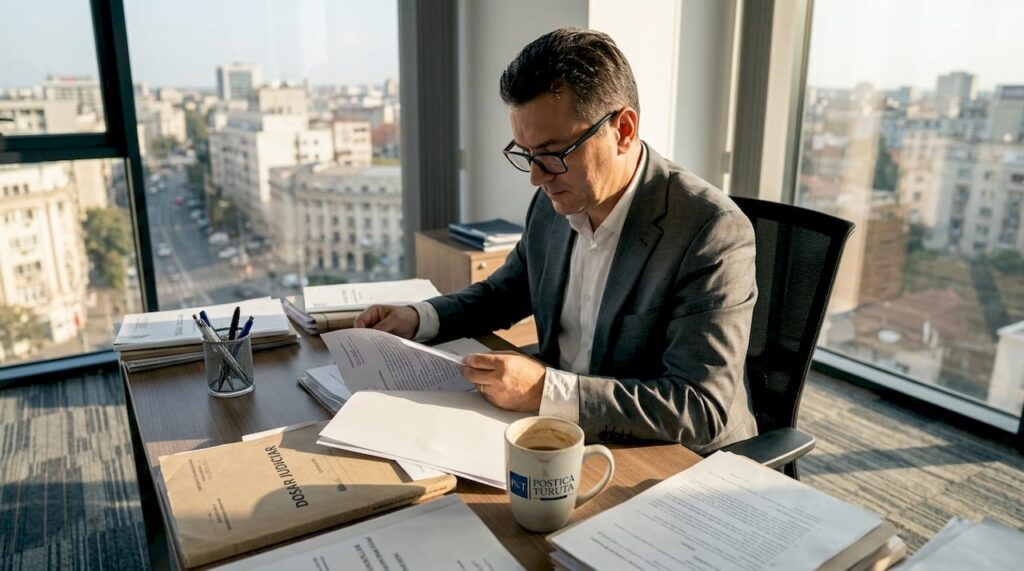Un avocat analizează documente la biroul său.