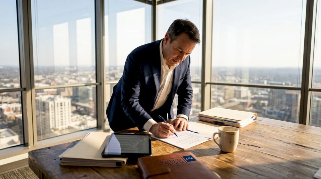 Un avocat analizează atent un contract la biroul său din cadrul unei firme.