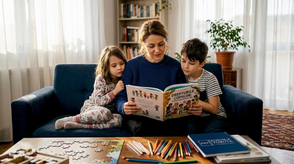 O mamă le povestește copiilor ei despre drepturile pe care le au, citind împreună și explicându-le ce înseamnă să fie respectați și protejați.