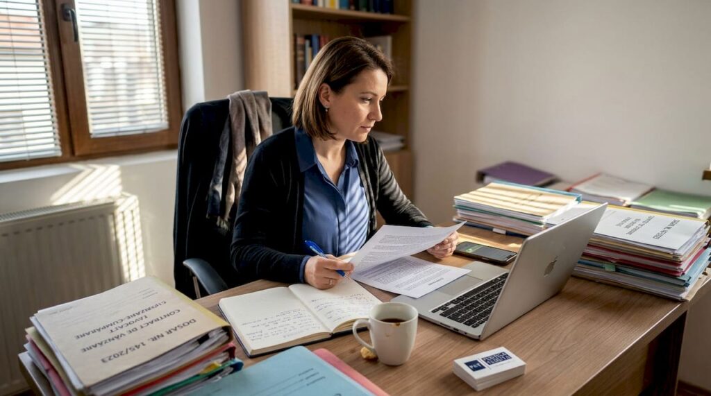 Un avocat analizează atent un contract internațional la biroul său.