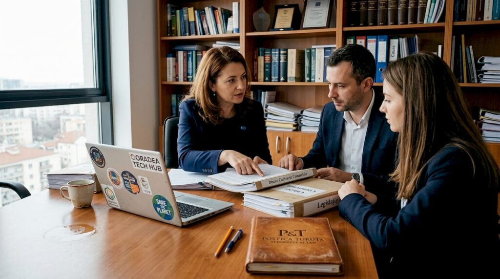 Discuții despre contract la birou, cu dosarele răsfirate pe masă