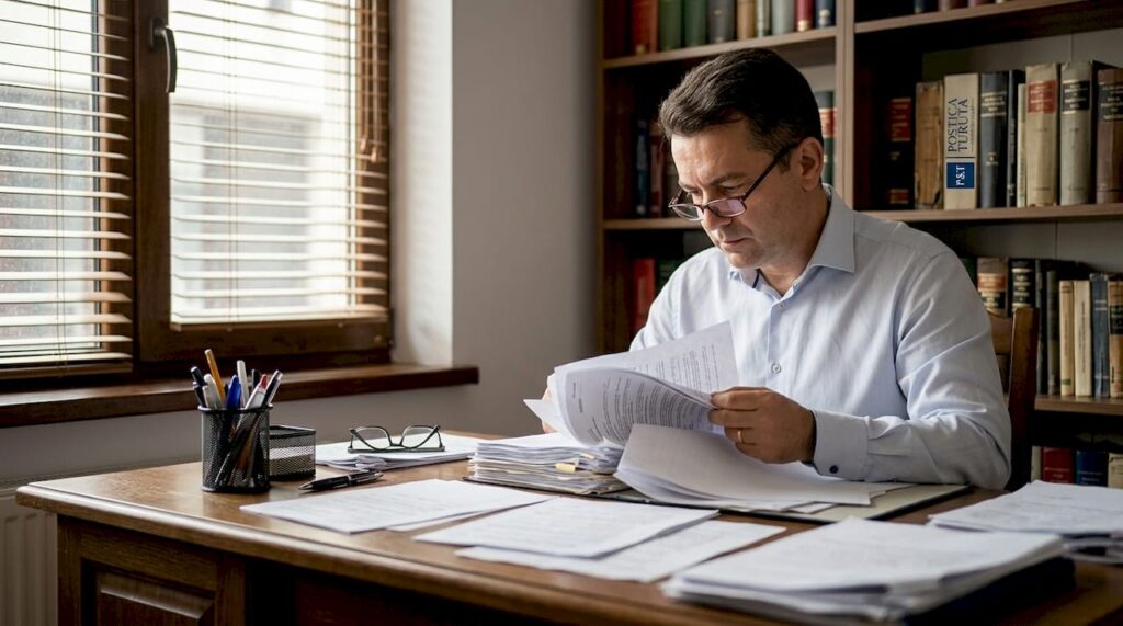 Un avocat analizează atent documentele unui caz la biroul său, pregătindu-se pentru soluționarea problemelor juridice.
