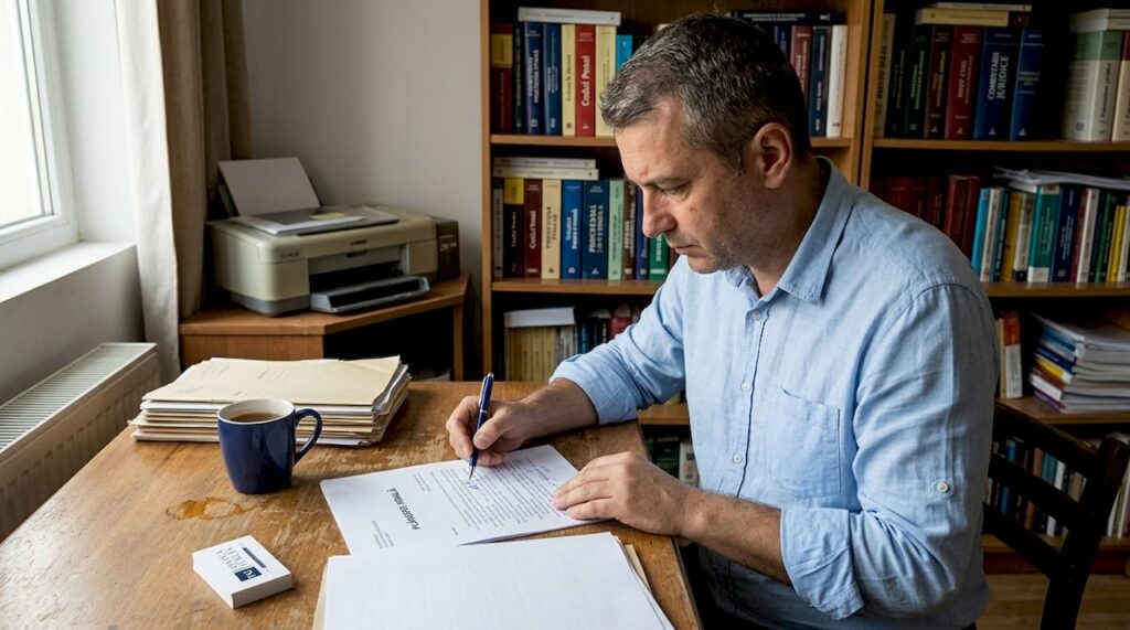 Avocatul revizuiește o plângere penală la biroul său