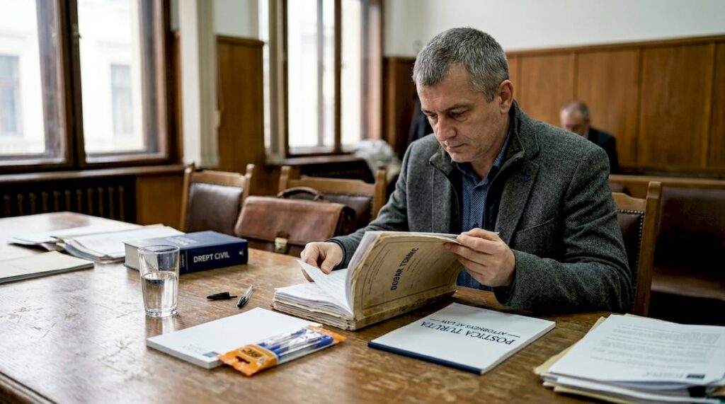 Specialistul tehnic examinează documentația depusă la instanță.