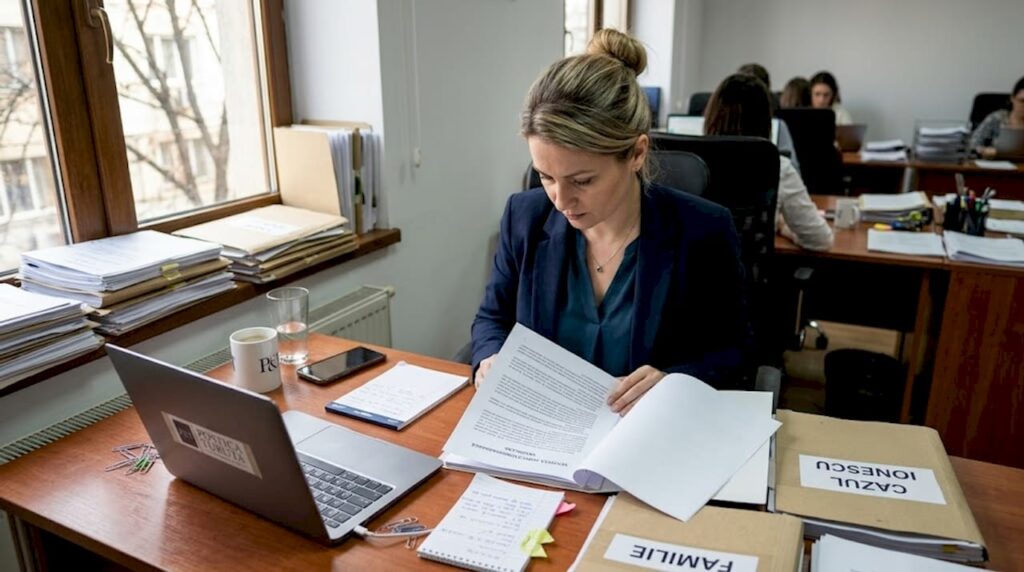 Avocat analizând documente juridice traduse la birou