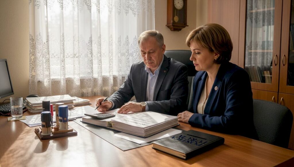 Clientul și notarul analizează împreună actele necesare pentru succesiune.