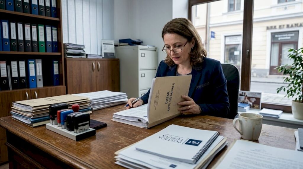 Un notar analizează atent actele juridice la biroul său.