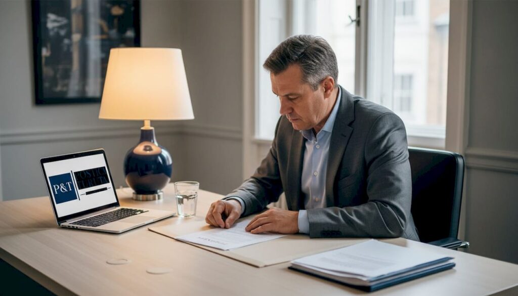 Un bărbat consultă testamentul împreună cu avocatul său, la cabinet.